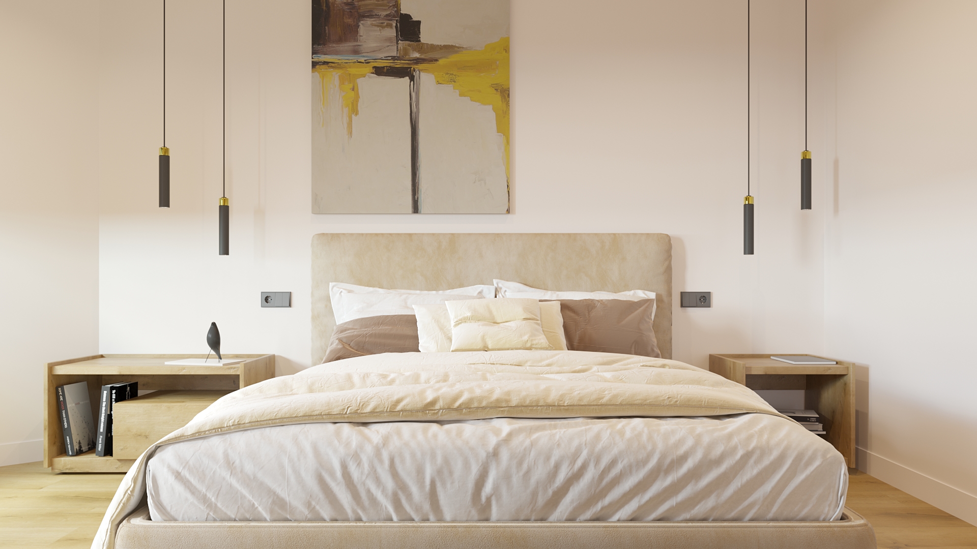 Modern minimalist bedroom with natural wood furniture and pendant lighting