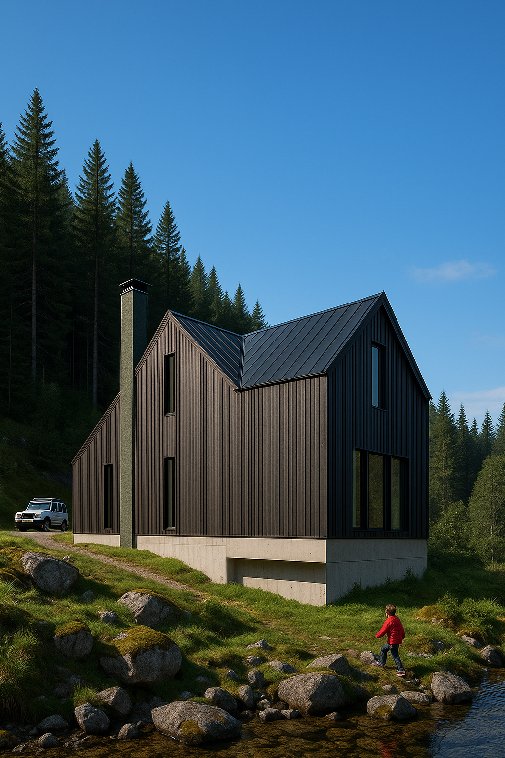 Casa de montaña moderna con fachada oscura y cubierta inclinada rodeada de bosque alpino.