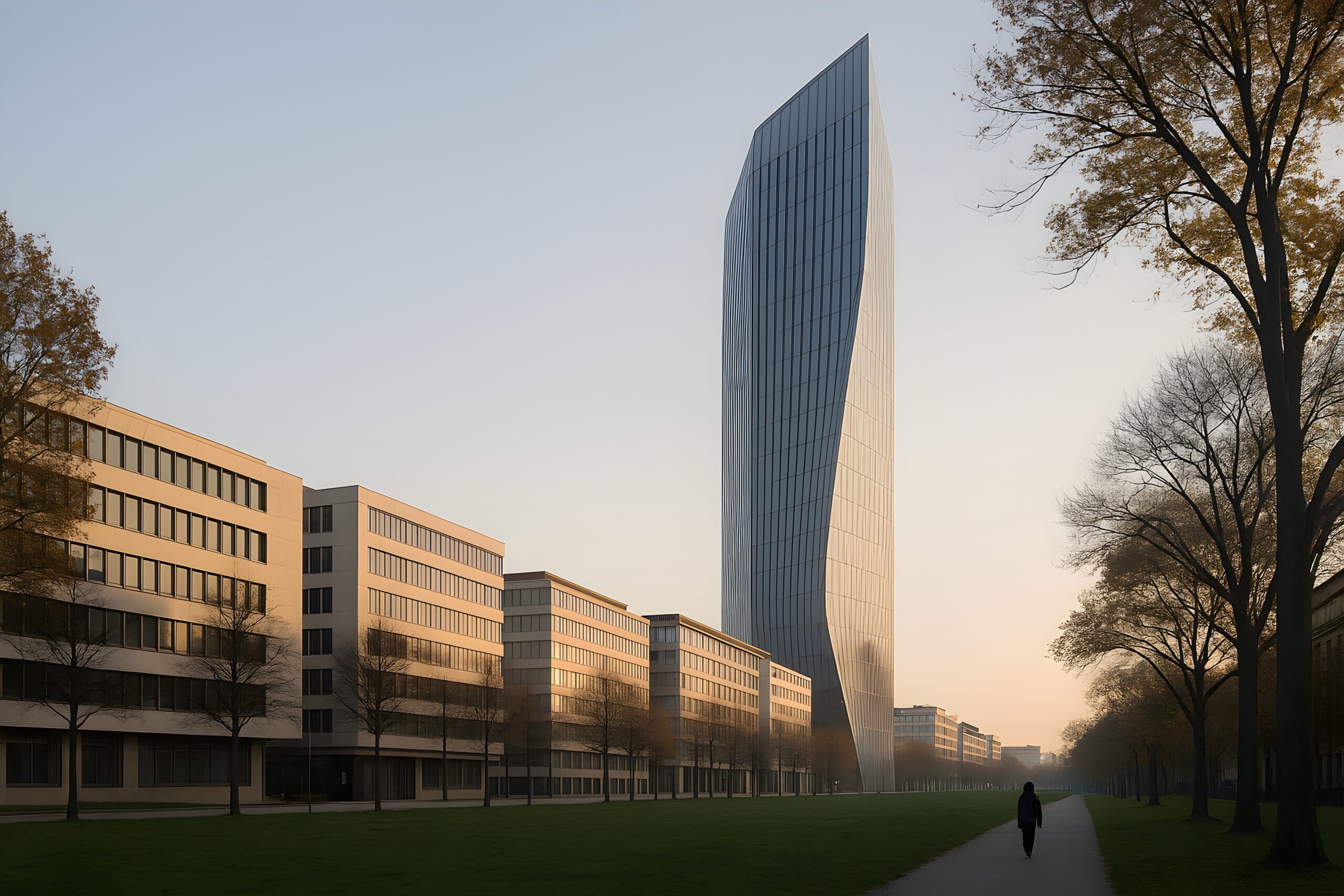 Render arquitectónico 3D de un entorno urbano moderno con edificios de diseño contemporáneo y una figura humana caminando