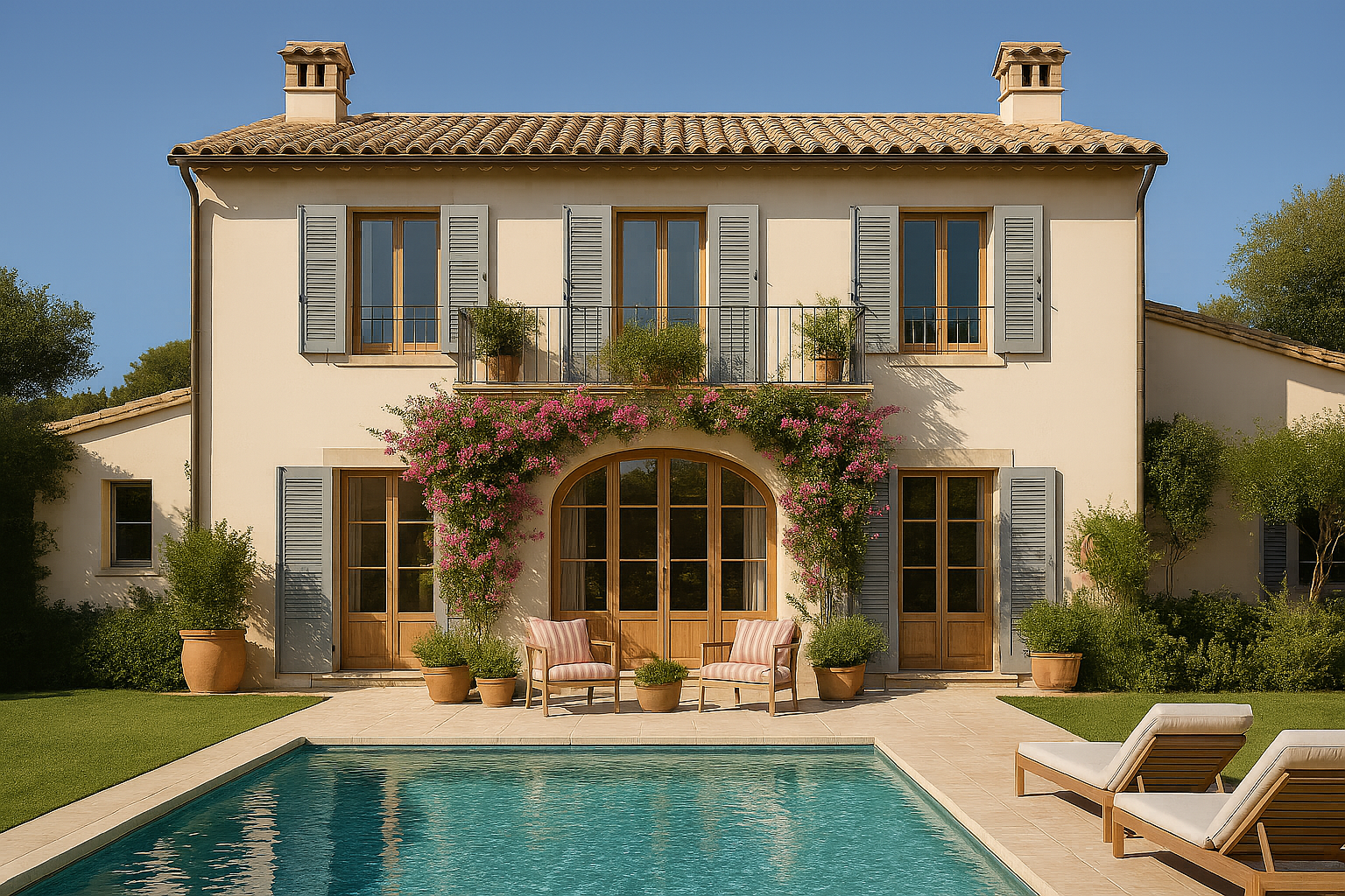 Fachada trasera de casa mediterránea con contraventanas azules, jardín, terraza y piscina en un entorno soleado.