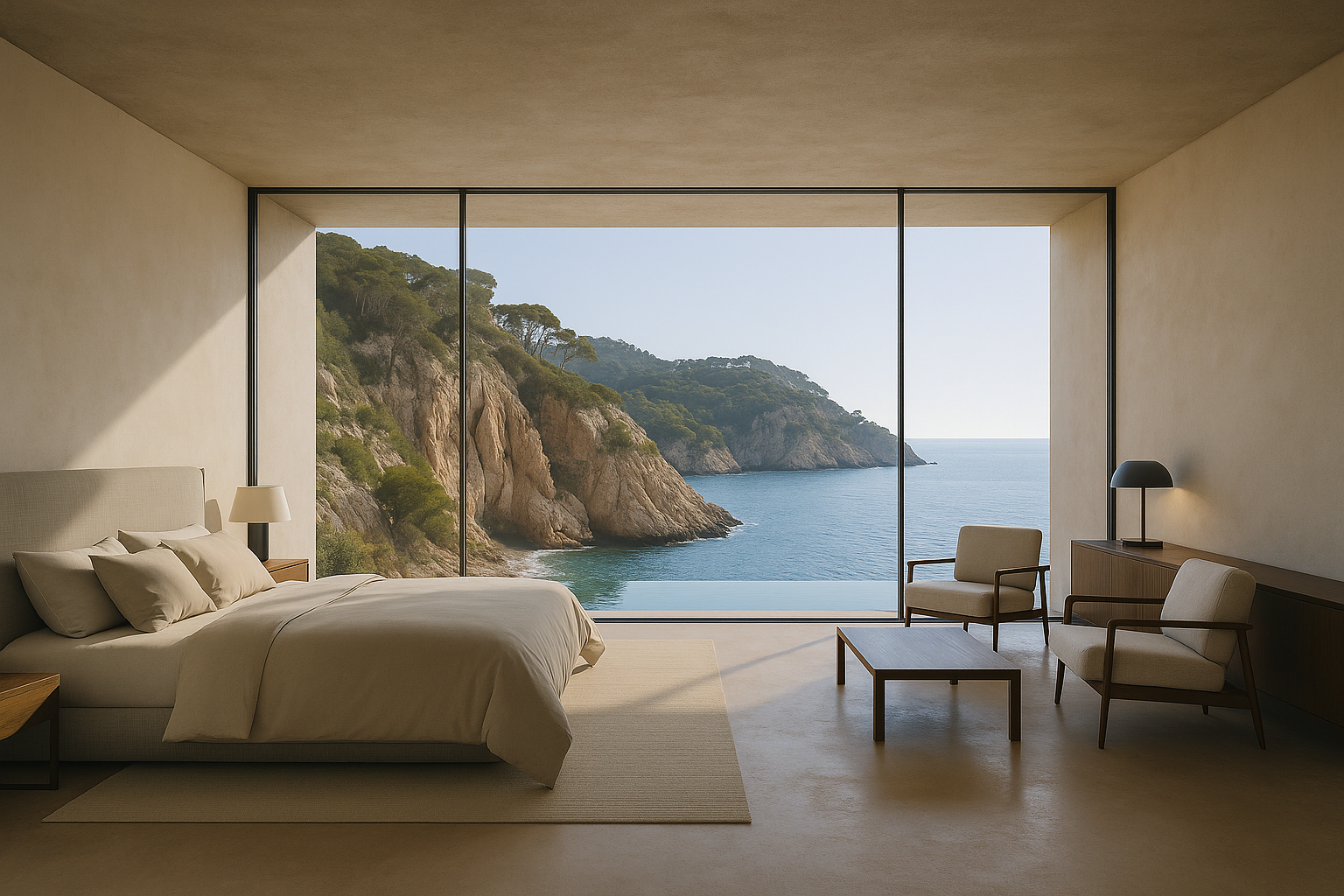 Dormitorio minimalista de lujo con ventanal panorámico y vistas al mar Mediterráneo.
