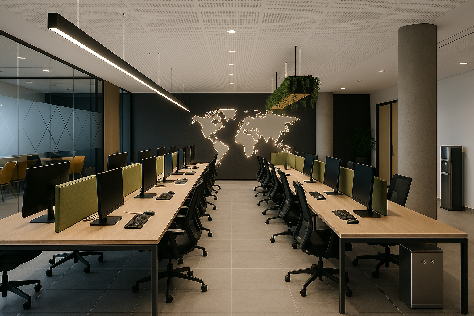Oficina moderna y minimalista con estaciones de trabajo compartidas y un mapa del mundo retroiluminado en la pared del fondo.