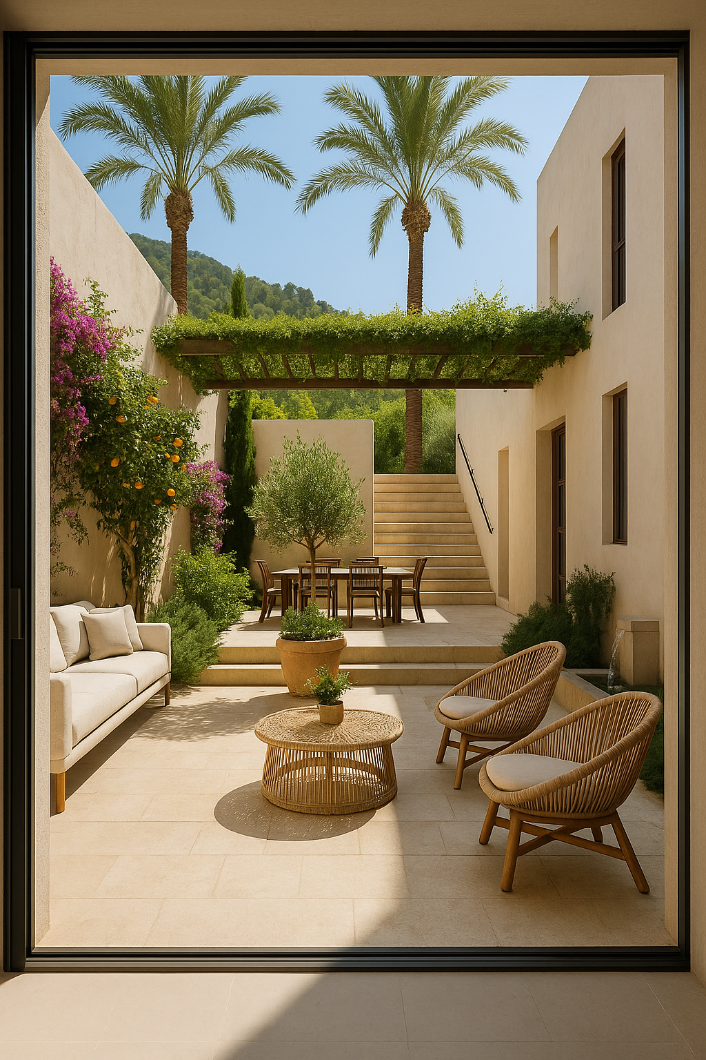 Patio mediterráneo contemporáneo con sofá y muebles de ratán rodeado de vegetación.