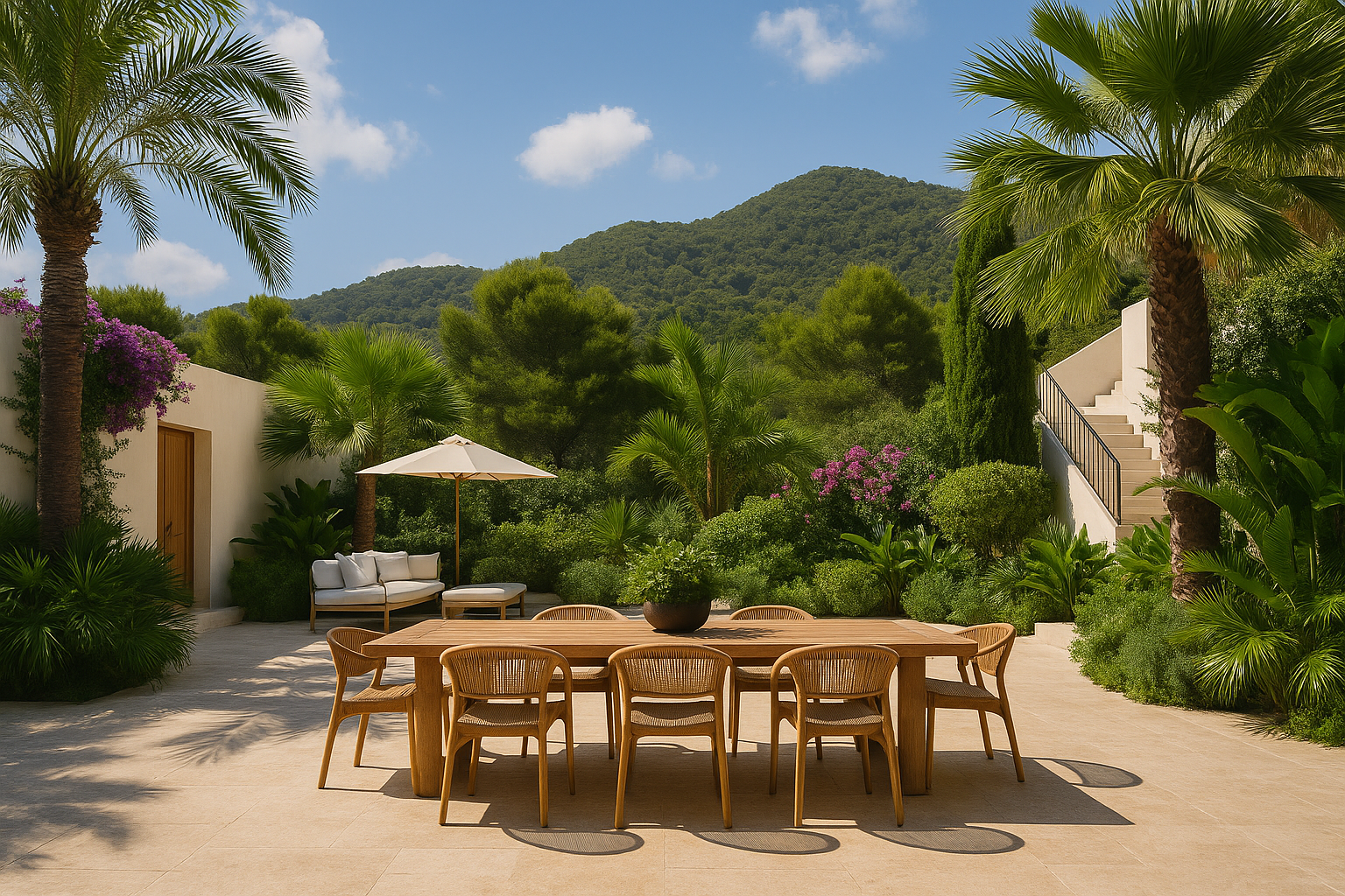 Terraza mediterránea con comedor exterior de madera y vistas a montañas verdes.