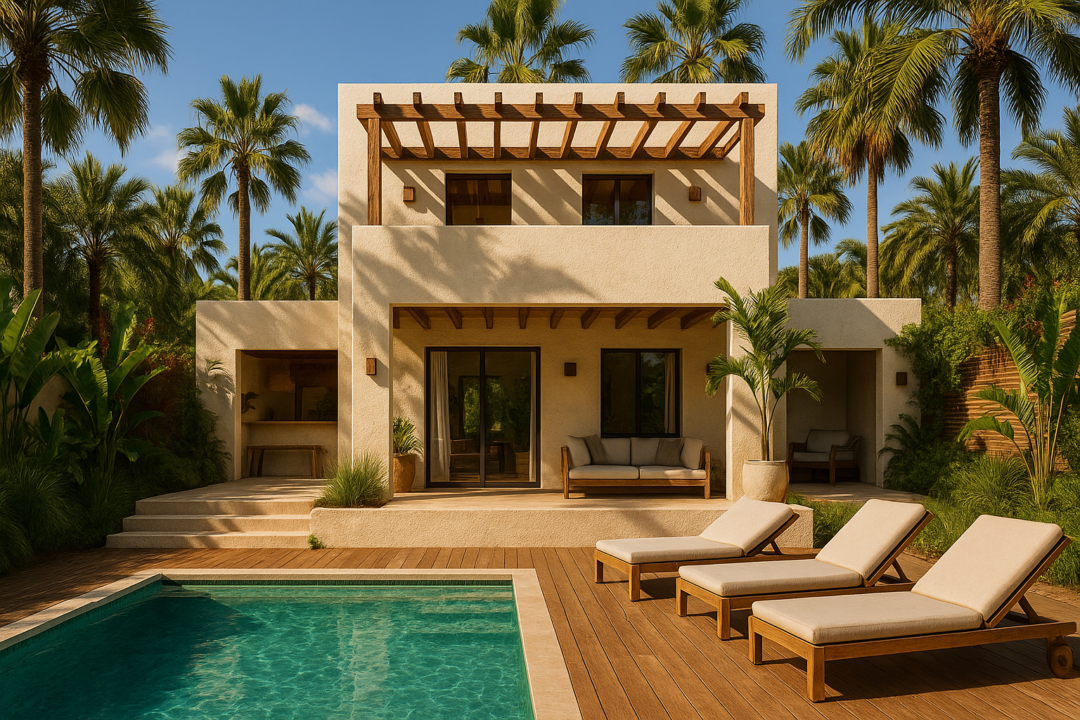Render arquitectónico 3D hiperrealista de una villa mediterránea contemporánea con piscina, tarima de madera y palmeras, realizada en 3ds Max y Corona Renderer.