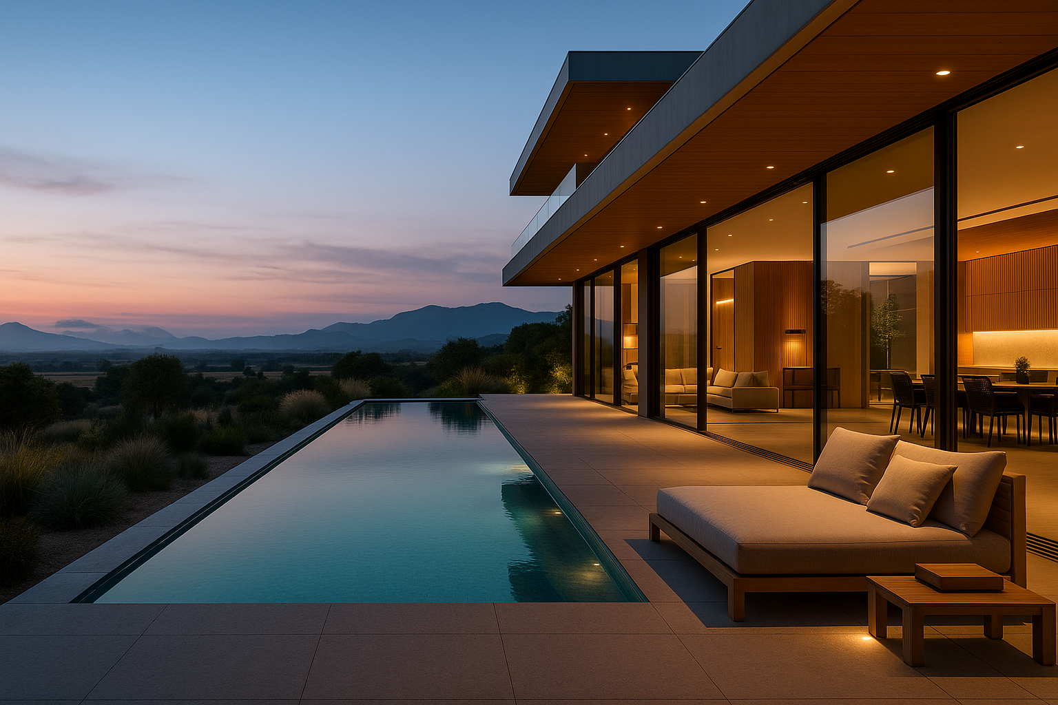 Render arquitectónico 3D. Fachada panorámica de villa mediterránea moderna con piscina infinita y grandes ventanales al atardecer en España.