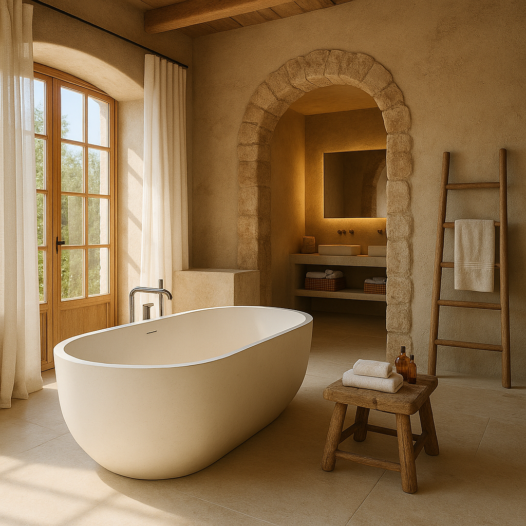 Baño de lujo estilo mediterráneo rústico contemporáneo con bañera exenta, arco de piedra y techos de vigas de madera.