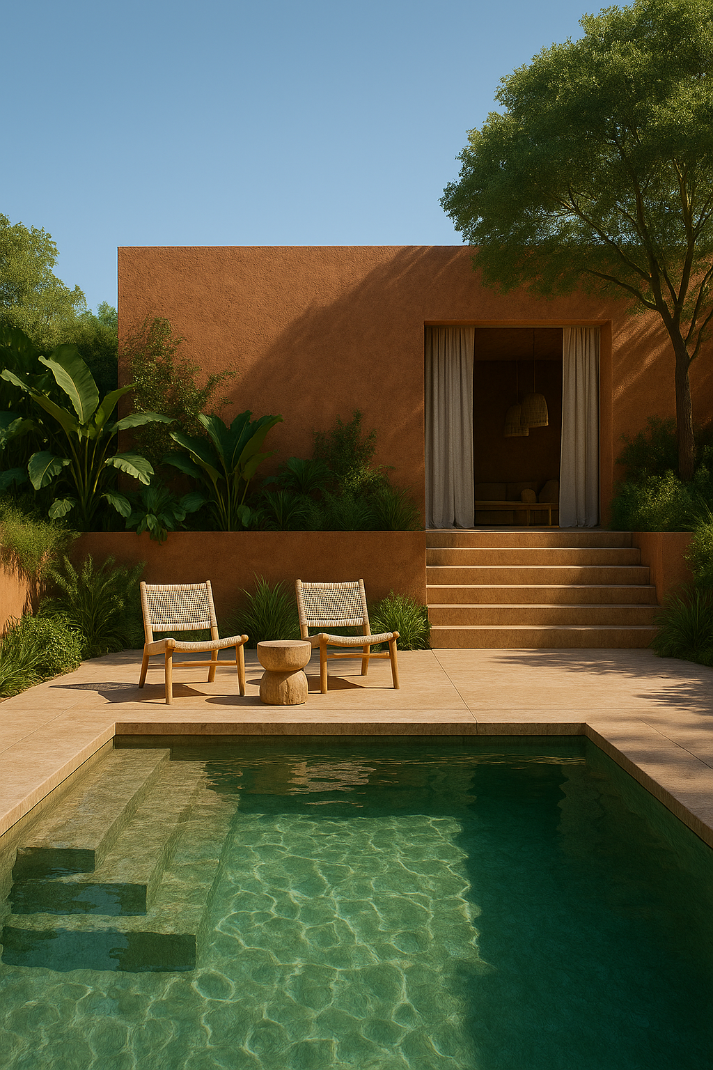 Visualización 3D de un espacio exterior con piscina, terraza moderna y materiales naturales en un entorno tropical.