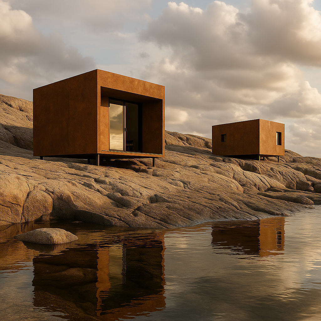 Render 3D arquitectónico de dos cabañas minimalistas de acero corten sobre formaciones rocosas junto al mar, creadas con 3ds Max y Corona Render.