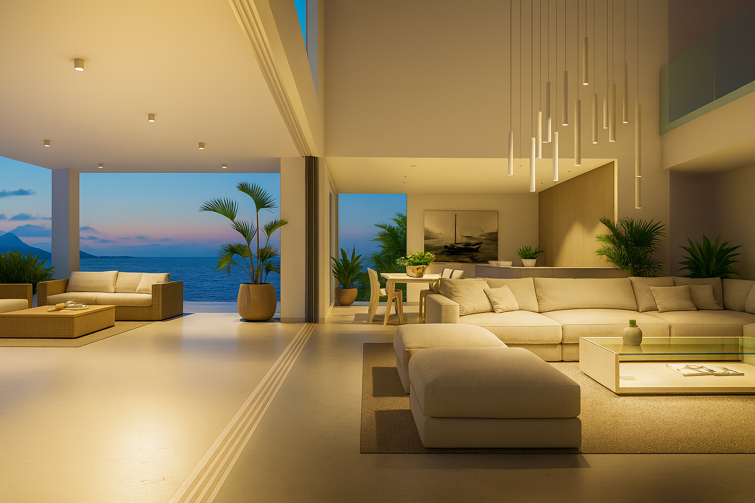Render arquitectónico 3D de salón contemporáneo abierto al mar Mediterráneo al atardecer, con velero en el horizonte y decoración interior con vegetación verde.