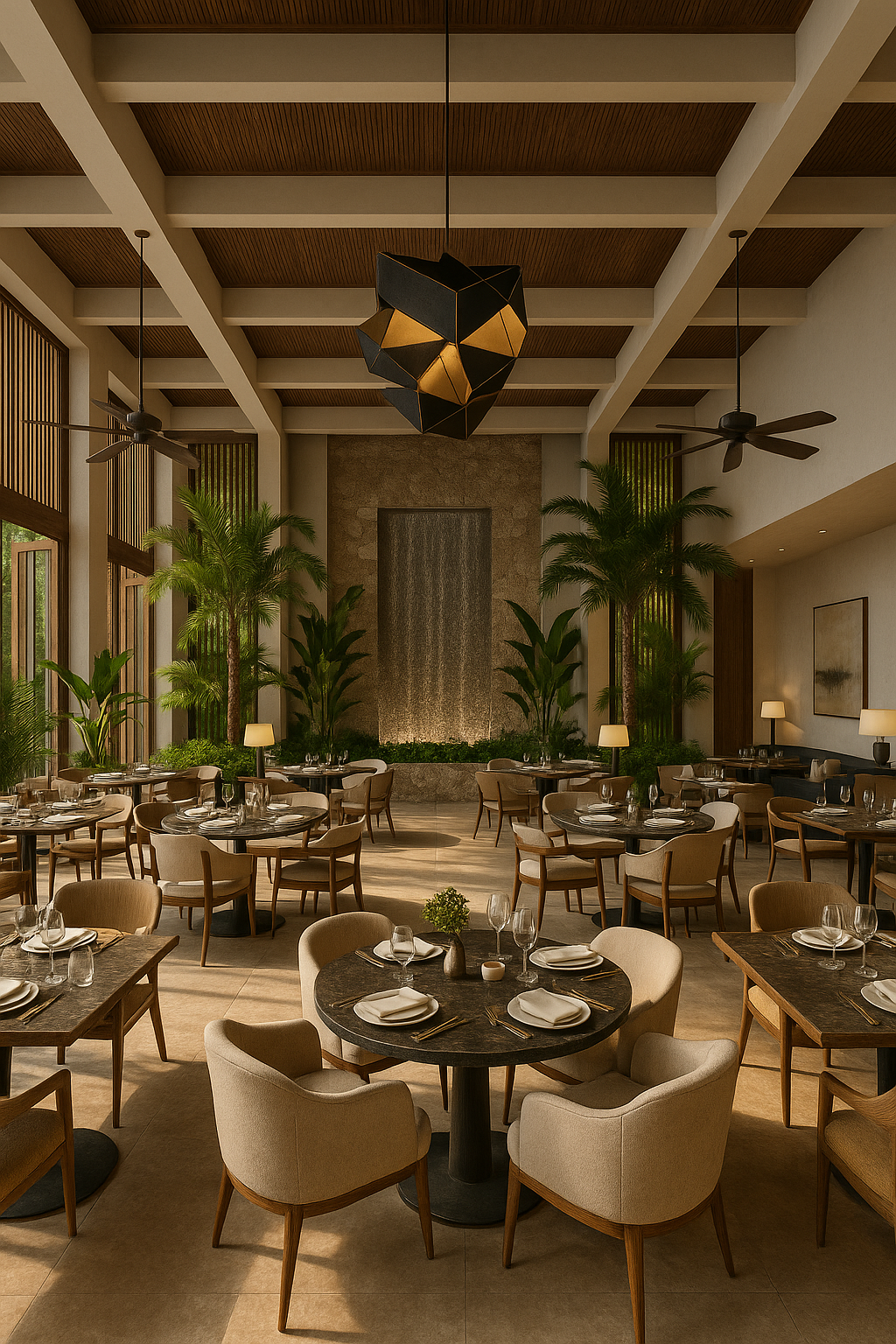 Render arquitectónico 3D Interior de restaurante contemporáneo con techos altos, vegetación exuberante y mobiliario elegante en tonos madera y beige.
