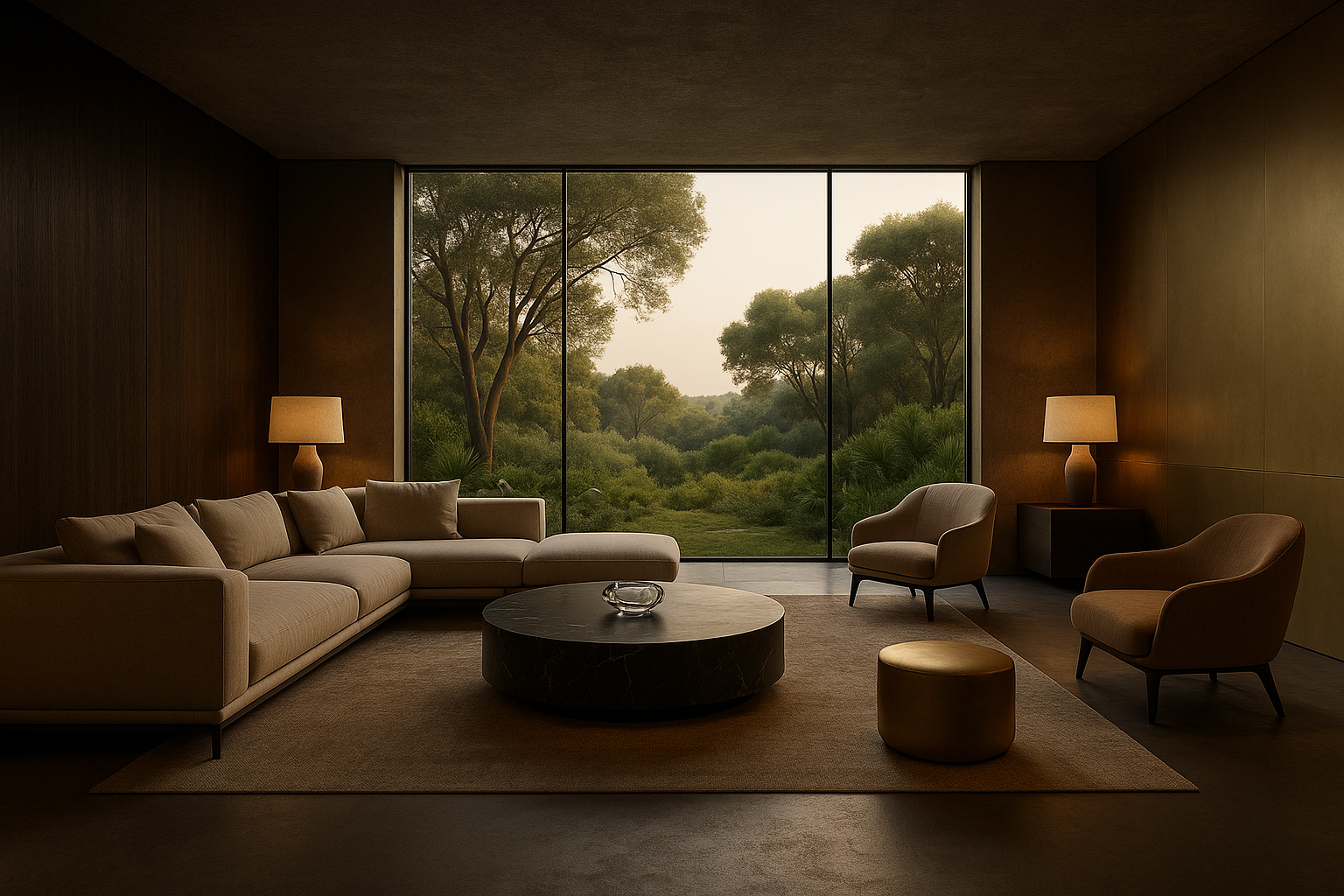 Render arquitectonico 3d interior de un salón de lujo contemporáneo con sofás beige, mesa de mármol negro y ventanal panorámico con vistas a paisaje mediterráneo.