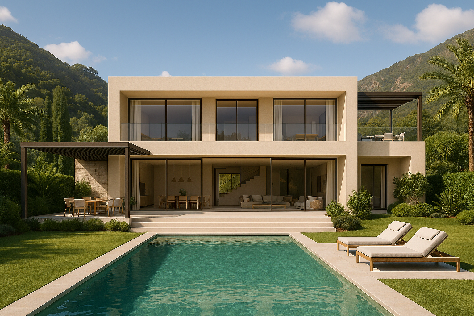 Render arquitectónico 3D hiperrealista de una villa contemporánea de dos plantas con piscina privada, rodeada de vegetación mediterránea y montañas al fondo.