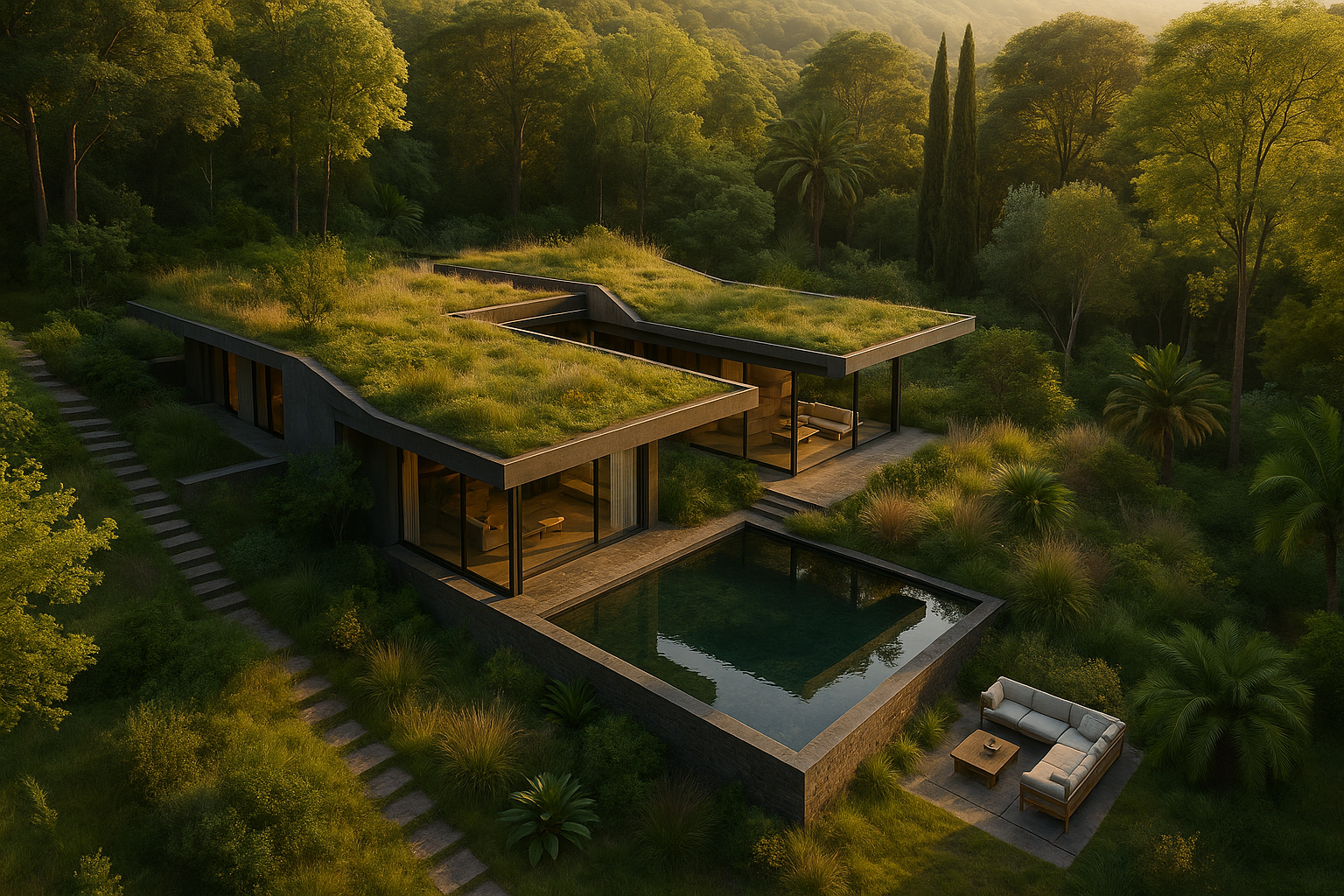Render arquitectonico 3D de una vivienda contemporánea con tejado vegetal, integrada en un bosque europeo con espejo de agua y arquitectura sostenible