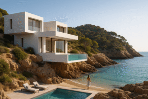 Casa minimalista de lujo en acantilado frente al mar con piscina infinita y vistas panorámicas, rodeada de naturaleza mediterránea.