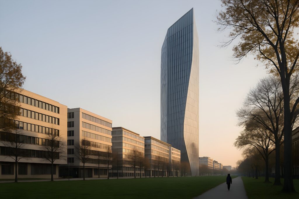 Render arquitectónico 3D de un entorno urbano moderno con edificios de diseño contemporáneo y una figura humana caminando