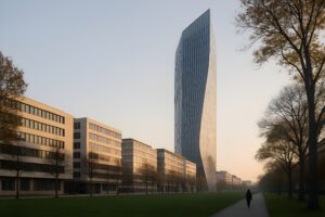Render arquitectónico 3D de un entorno urbano moderno con edificios de diseño contemporáneo y una figura humana caminando
