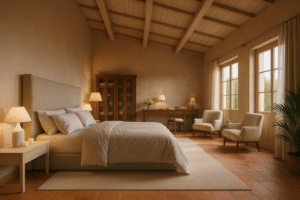 Dormitorio de estilo mediterráneo moderno con vigas de madera vistas, cama con cabecero tapizado y decoración en tonos neutros.
