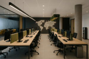 Oficina moderna y minimalista con estaciones de trabajo compartidas y un mapa del mundo retroiluminado en la pared del fondo.