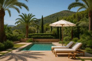 Piscina mediterránea de lujo con tumbonas y sombrilla rodeada de palmeras