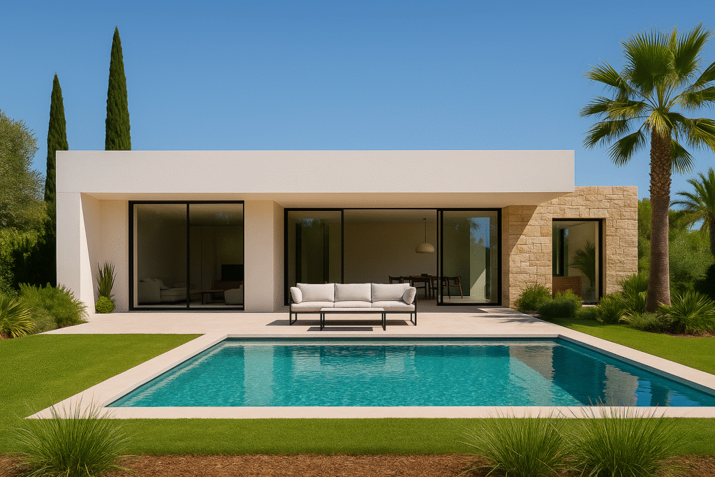 Villa de lujo contemporánea de una planta con fachada de hormigón blanco y piedra, piscina rectangular y jardín mediterráneo con cipreses y palmeras.