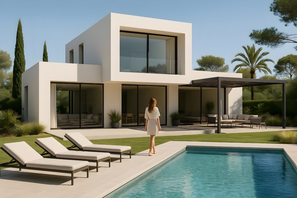 Render arquitectónico de villa moderna con piscina y jardín mediterráneo, mujer caminando en entorno residencial de lujo