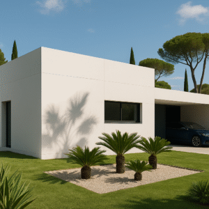 Vivienda minimalista de una planta con fachada blanca, jardín mediterráneo y garaje lateral.
