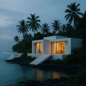 Vivienda minimalista tropical frente al mar con diseño contemporáneo y grandes ventanales.