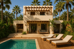 Render arquitectónico 3D hiperrealista de una villa mediterránea contemporánea con piscina, tarima de madera y palmeras, realizada en 3ds Max y Corona Renderer.