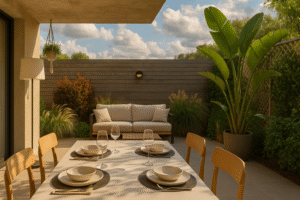 Render 3D arquitectónico realizado en 3ds Max y Corona Render de una terraza mediterránea contemporánea en Murcia, con mesa de comedor, vajilla preparada, sofá exterior y vegetación tropical y mediterránea.