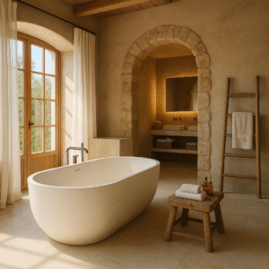 Baño de lujo estilo mediterráneo rústico contemporáneo con bañera exenta, arco de piedra y techos de vigas de madera.