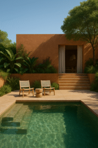 Visualización 3D de un espacio exterior con piscina, terraza moderna y materiales naturales en un entorno tropical.