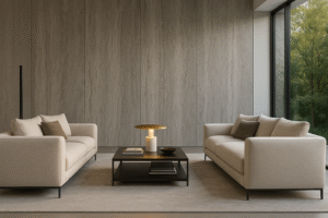 Render arquitectónico Interior contemporáneo de lujo con sofás Minotti Riley en tejido bouclé claro, pared revestida en piedra natural gris y ventanal de suelo a techo con vistas al jardín