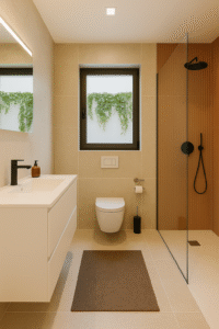 Render arquitectónico 3D de baño minimalista contemporáneo con porcelánico marfil, ducha a ras con mampara de vidrio y mueble suspendido blanco con grifería negra.