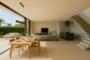Render arquitectónico 3D de dormitorio moderno con listones de madera, cama tapizada gris y armarios blancos de suelo a techo, diseño de Lunvar Studio