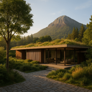 Render 3D hiperrealista de una vivienda contemporánea de baja altura integrada en un entorno montañoso con cubierta ajardinada y fachada de madera.