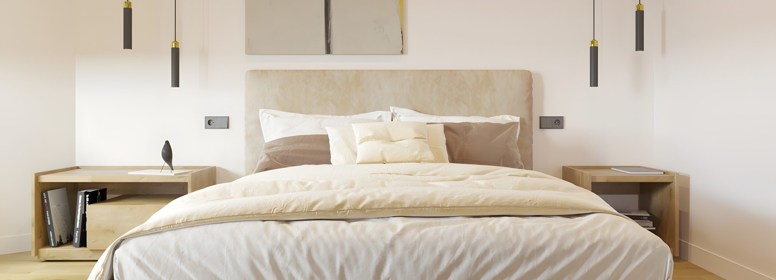 Modern minimalist bedroom with natural wood furniture and pendant lighting