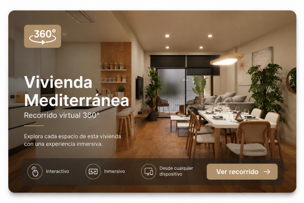 Recorrido virtual 360 de una vivienda mediterránea con salón, comedor y cocina abierta visualizado mediante infografía arquitectónica 3D fotorrealista.