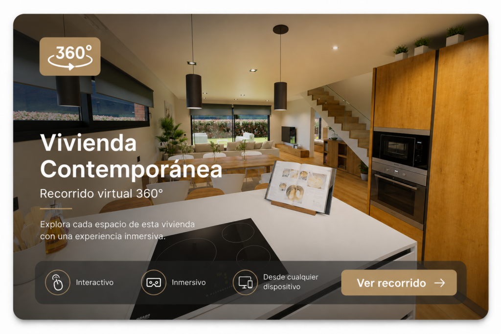 Cocina abierta y salón contemporáneo en vivienda unifamiliar con mobiliario de madera natural, isla central y espacios diáfanos representados mediante visualización arquitectónica 3D.
