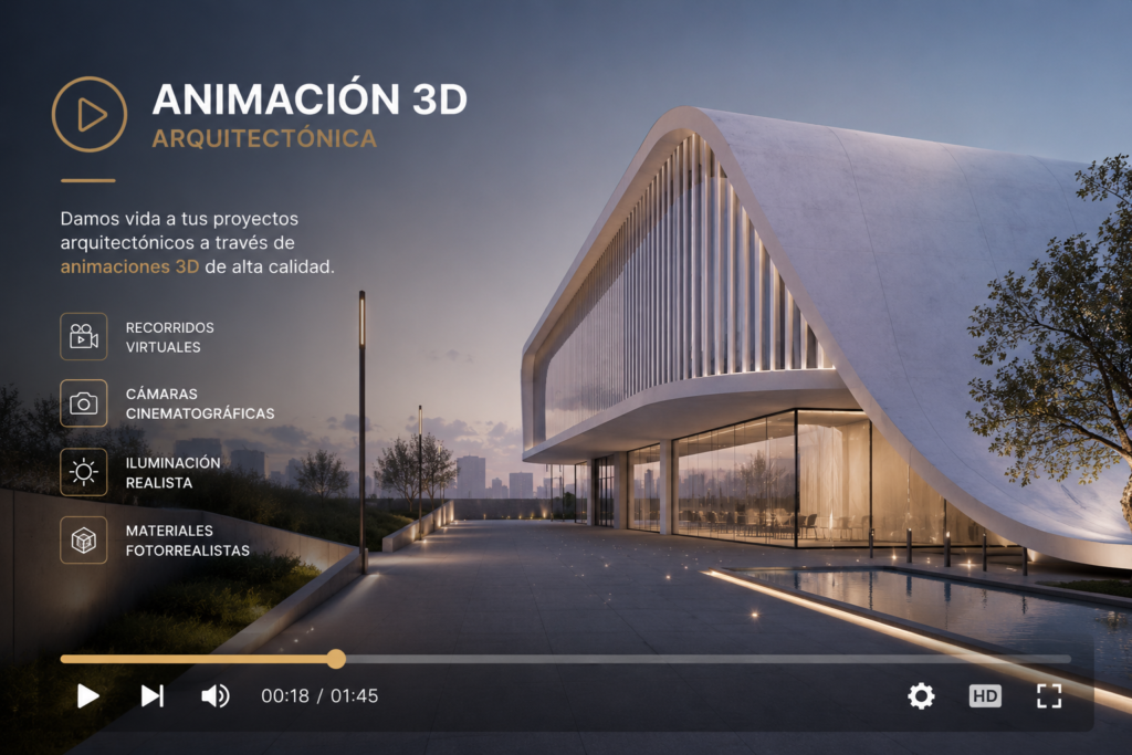 Animación arquitectónica 3D de un edificio contemporáneo de diseño orgánico con iluminación nocturna, amplias superficies acristaladas y acabados fotorrealistas.