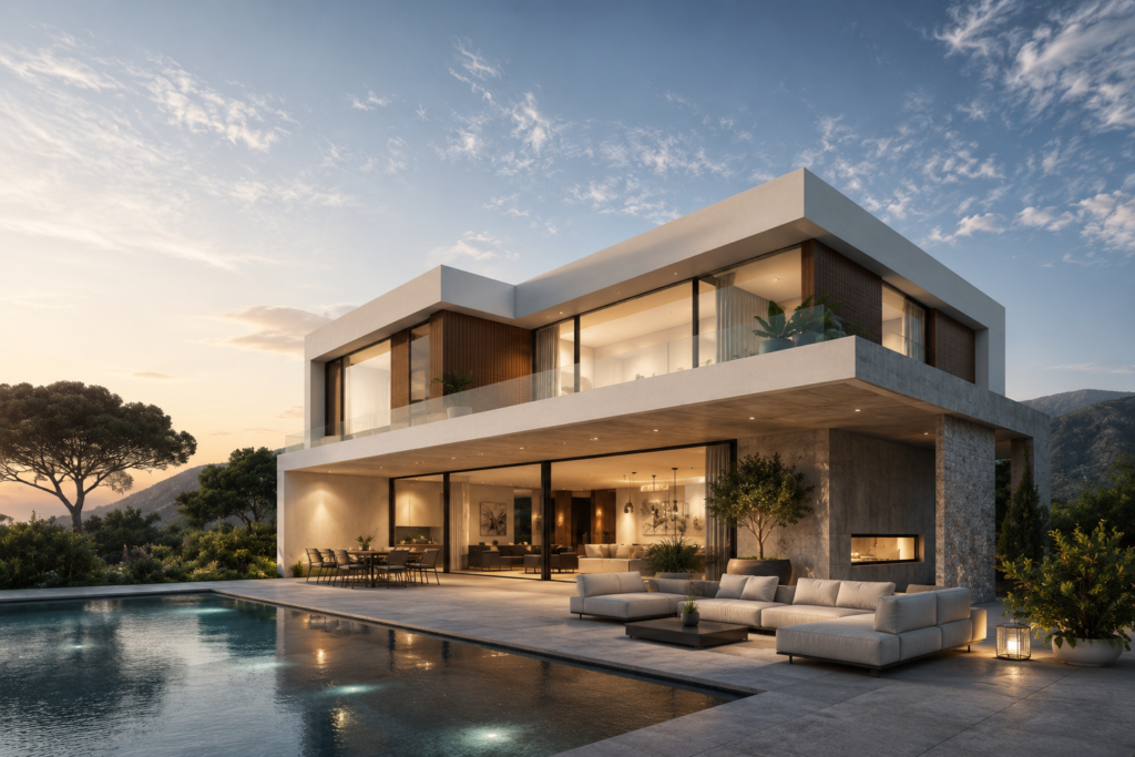 Render arquitectónico fotorrealista de una vivienda contemporánea de lujo con piscina, grandes superficies acristaladas y espacios exteriores integrados en un entorno natural.