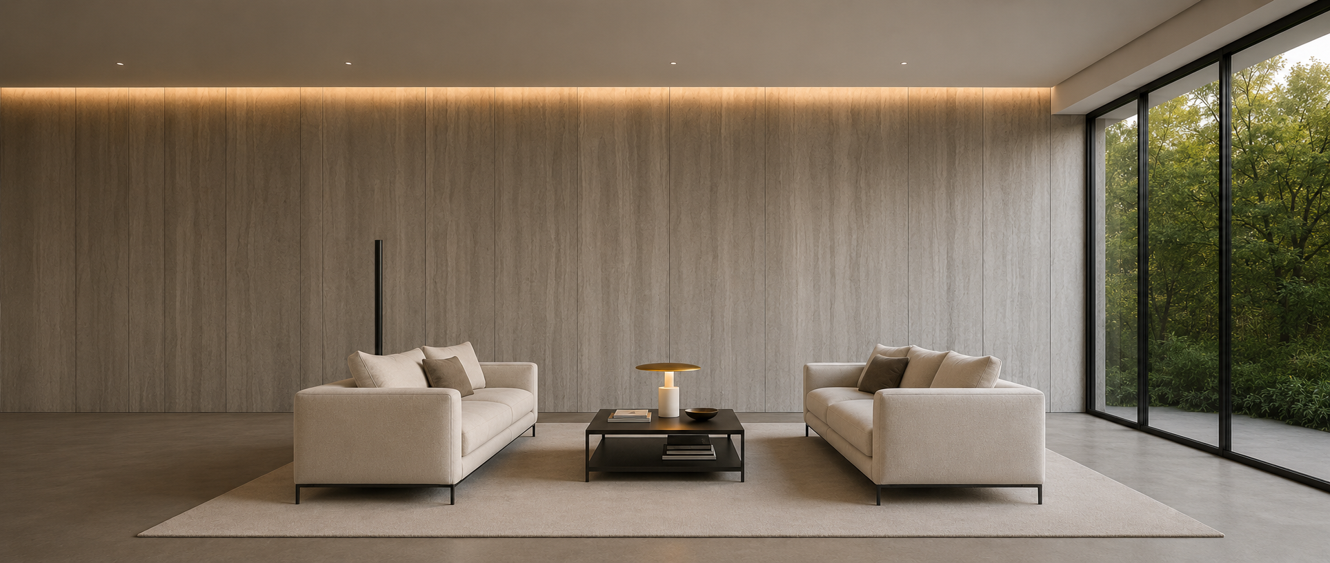 Salón contemporáneo de estilo minimalista con sofás en tonos neutros, mesa de centro oscura, revestimiento pétreo de gran formato y ventanales panorámicos con vistas a la naturaleza.