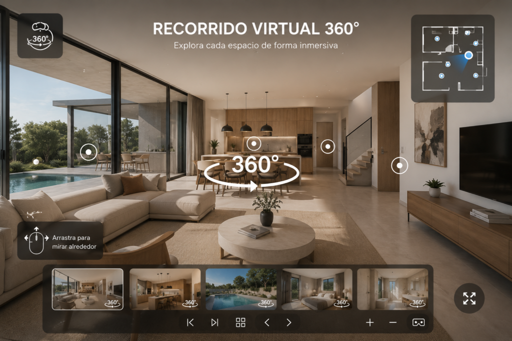 Recorrido virtual 360° de un salón-comedor contemporáneo con cocina integrada, grandes ventanales, piscina exterior y navegación interactiva inmersiva.