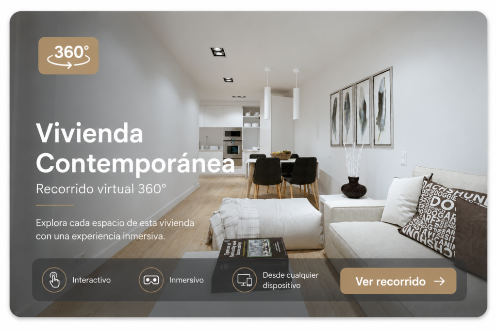 Salón y comedor de vivienda contemporánea con cocina integrada, mobiliario minimalista y acabados en tonos neutros representados mediante visualización arquitectónica 3D.