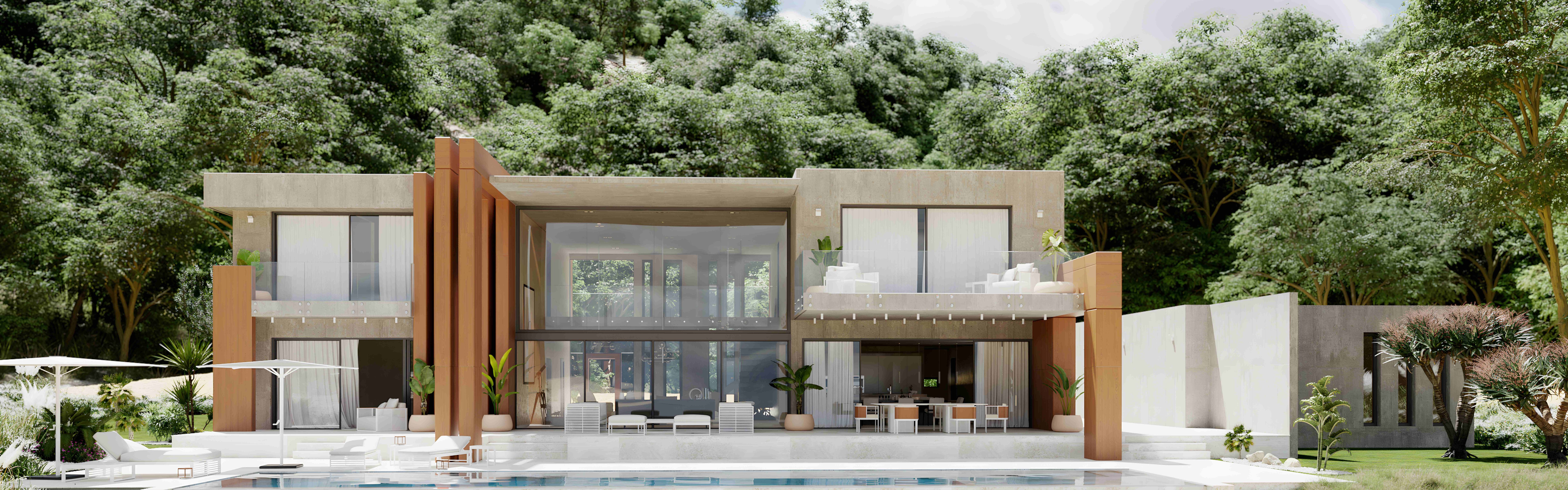Render arquitectónico de vivienda contemporánea con piscina infinita, diseño en hormigón y madera, rodeada de vegetación.